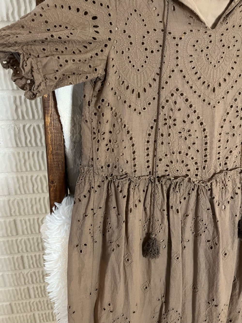 Boho Taupe Eyelet Tiered Midi Dress with Tassel Ties – Size Large - Picture 3 of 4